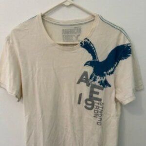American Eagle Outfitters Cream Tee with Navy Graphic